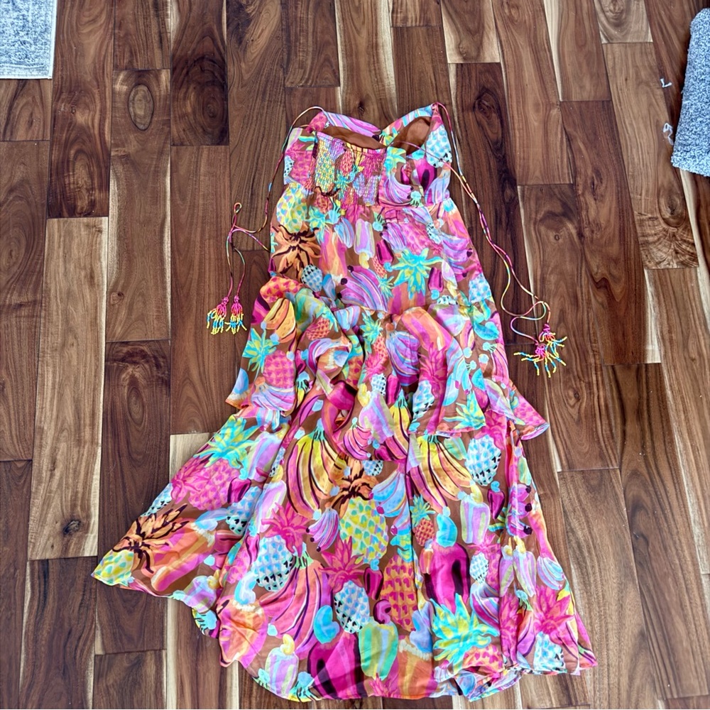 Farm Rio Tropical Fruit Tiered Midi Dress Beaded Straps Resort S - Picture 5 of 10